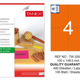 Tanex TW-2204 105x148.5 mm 100'lü Turuncu Floresan Laser Etiket
