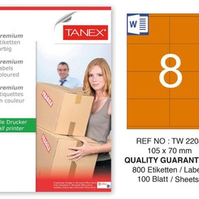 Tanex TW-2208 105x70 mm 100'lü Turuncu Pastel Laser Etiket