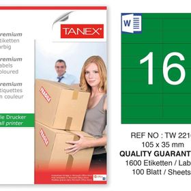 Tanex TW-2216 105x35 mm 100'lü Yeşil Pastel Laser Etiket
