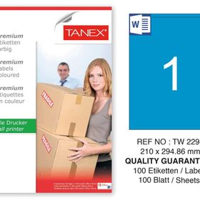 Tanex TW-2294 210x294.86 mm 100'lü Mavi Pastel Laser Etiket
