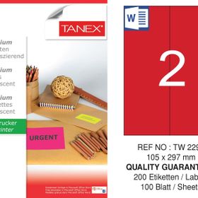 Tanex TW-2297 105x297 mm 100'lü Kırmızı Floresan Laser Etiket