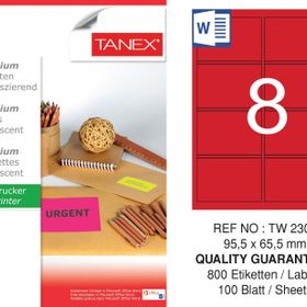 Tanex TW-2308 95.5x65.5 mm 100'lü Kırmızı Floresan Laser Etiket
