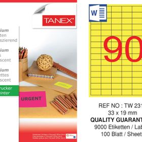 Tanex TW-2319 33x19 mm 100'lü Sarı Floresan Laser Etiket