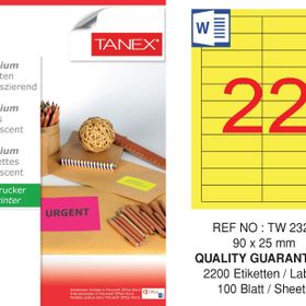 Tanex TW-2320 90x25 mm 100'lü Sarı Floresan Laser Etiket