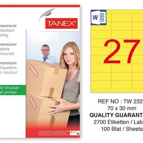Tanex TW-2327 70x30 mm 100'lü Sarı Pastel Laser Etiket