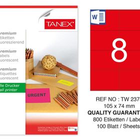 Tanex TW-2374 105x74.25 mm 100'lü Kırmızı Floresan Laser Etiket