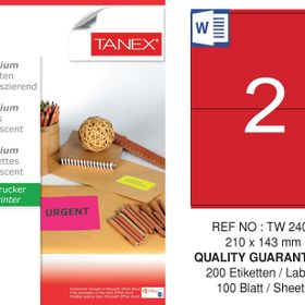 Tanex TW-2402 210x143 mm 100'lü Kırmızı Floresan Laser Etiket