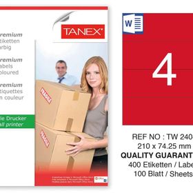 Tanex TW-2404 210x74.25 mm 100'lü Kırmızı Pastel Laser Etiket100 Lü