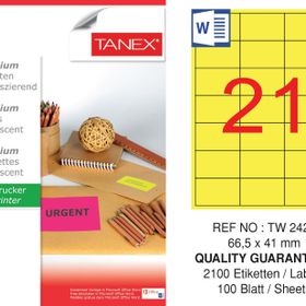 Tanex Tw-2421 66.5x41 mm 100'lü Sarı Floresan Laser Etiket