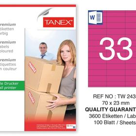 Tanex TW-2433 70x23 mm 100'lü Pembe Pastel Laser Etiket