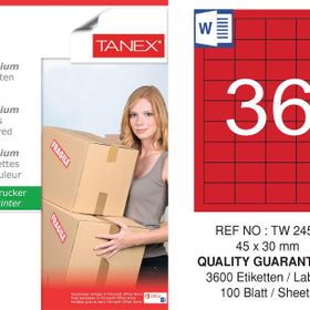 Tanex TW-2453 45x30 mm 100'lü Kırmızı Pastel Laser Etiket