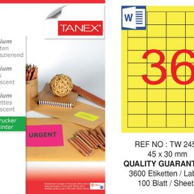 Tanex TW-2453 45x30 mm 100'lü Sarı Floresan Laser Etiket