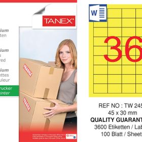 Tanex TW-2453 45x30 mm 100'lü Sarı Pastel Laser Etiket