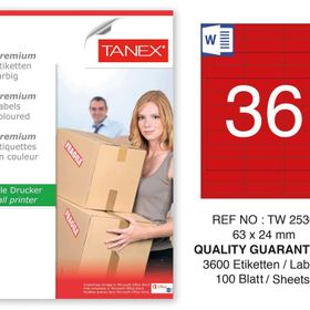 Tanex TW-2536 63x24 mm 100'lü Kırmızı Pastel Laser Etiket