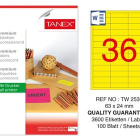 Tanex TW-2536 63x24 mm 100'lü Sarı Floresan Laser Etiket