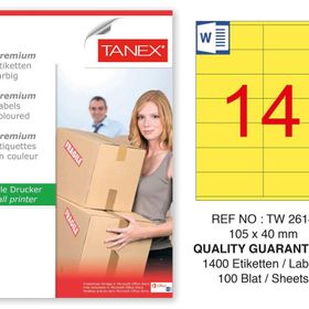 Tanex TW-2614 105x40 mm 100'lü Sarı Pastel Laser Etiket
