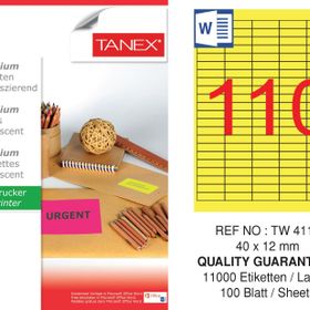 Tanex TW-4110 40x12 mm 100'lü Sarı Floresan Laser Etiket