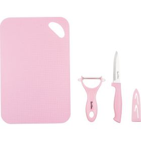 Tantitoni 3 Parça Açık Pembe Kesme Tahtası Soyucu ve Meyve Bıçağı Seti