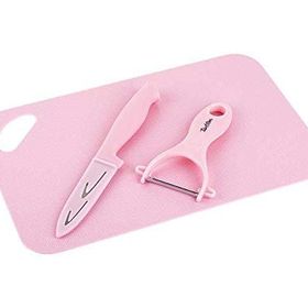 Tantitoni 3 Parça Açık Pembe Kesme Tahtası Soyucu ve Meyve Bıçağı Seti