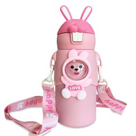 Tantitoni 400 ml Pembe Tavşan Desenli Pipetli Paslanmaz Çelik Çocuk Termosu