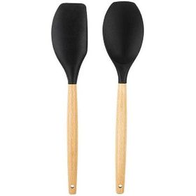 Tantitoni Bambu Saplı Siyah Renkli Silikon Büyük Kaşık ve Spatula Seti