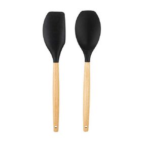 Tantitoni Bambu Saplı Siyah Renkli Silikon Büyük Kaşık ve Spatula Seti