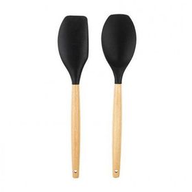 Tantitoni Bambu Saplı Siyah Renkli Silikon Büyük Kaşık ve Spatula Seti