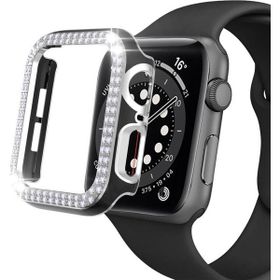 Techmaster Siyah-Gümüş Apple Watch 7 Serisi 45 mm Çift Sıra Parlak Taşlı Rubber Kasa Kapak