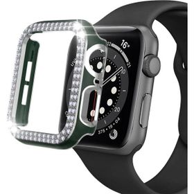 Techmaster Yeşil-Gümüş Apple Watch 7 Serisi 45 mm Çift Sıra Parlak Taşlı Rubber Kasa Kapak