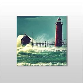 Technopa Dalga ve Deniz Feneri 80x80 cm Kanvas Tablo