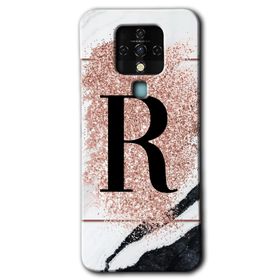 Tecno Camon 16 Pembe Mermer Desenli R Harfi Baskılı Uyumlu Silikon Kılıf