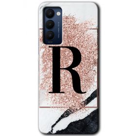 Tecno Camon 18 Pembe Mermer Desenli R Harfi Baskılı Uyumlu Silikon Kılıf