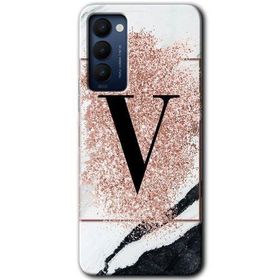 Tecno Camon 18 Pembe Mermer Desenli V Harfi Baskılı Uyumlu Silikon Kılıf