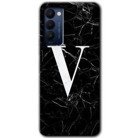 Tecno Camon 18 Siyah Mermer Desenli V Harfi Baskılı Uyumlu Silikon Kılıf