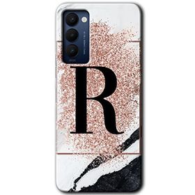 Tecno Camon 18P Pembe Mermer Desenli R Harfi Baskılı Uyumlu Silikon Kılıf