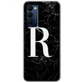 Tecno Camon 18P Siyah Mermer Desenli R Harfi Baskılı Uyumlu Silikon Kılıf