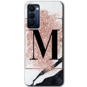 Tecno Camon 18T Pembe Mermer Desenli M Harfi Baskılı Uyumlu Silikon Kılıf