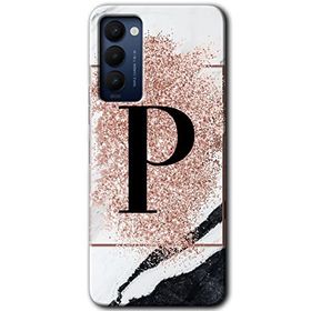 Tecno Camon 18T Pembe Mermer Desenli P Harfi Baskılı Uyumlu Silikon Kılıf