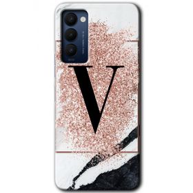 Tecno Camon 18T Pembe Mermer Desenli V Harfi Baskılı Uyumlu Silikon Kılıf