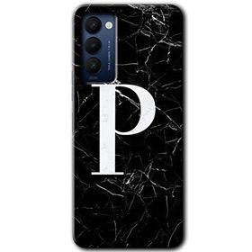 Tecno Camon 18T Siyah Mermer Desenli P Harfi Baskılı Uyumlu Silikon Kılıf