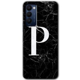 Tecno Camon 18T Siyah Mermer Desenli P Harfi Baskılı Uyumlu Silikon Kılıf