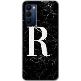 Tecno Camon 18T Siyah Mermer Desenli R Harfi Baskılı Uyumlu Silikon Kılıf