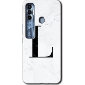 Tecno Spark 7 Pro Beyaz Mermer Desenli L Harfi Baskılı Uyumlu Silikon Kılıf