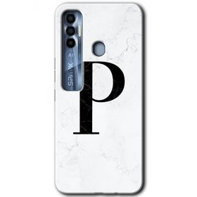Tecno Spark 7 Pro Beyaz Mermer Desenli P Harfi Baskılı Uyumlu Silikon Kılıf
