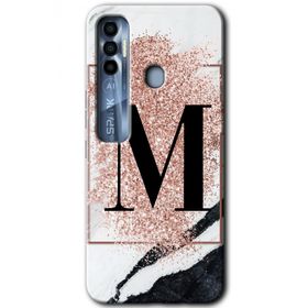 Tecno Spark 7 Pro Pembe Mermer Desenli M Harfi Baskılı Uyumlu Silikon Kılıf