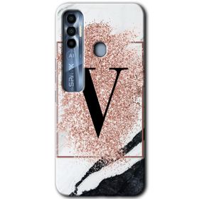 Tecno Spark 7 Pro Pembe Mermer Desenli V Harfi Baskılı Uyumlu Silikon Kılıf