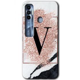 Tecno Spark 7 Pro Pembe Mermer Desenli V Harfi Baskılı Uyumlu Silikon Kılıf