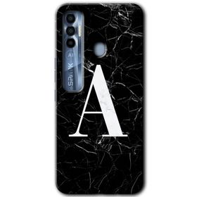 Tecno Spark 7 Pro Siyah Mermer Desenli A Harfi Baskılı Uyumlu Silikon Kılıf