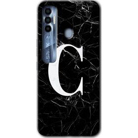 Tecno Spark 7 Pro Siyah Mermer Desenli C Harfi Baskılı Uyumlu Silikon Kılıf