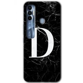 Tecno Spark 7 Pro Siyah Mermer Desenli D Harfi Baskılı Uyumlu Silikon Kılıf